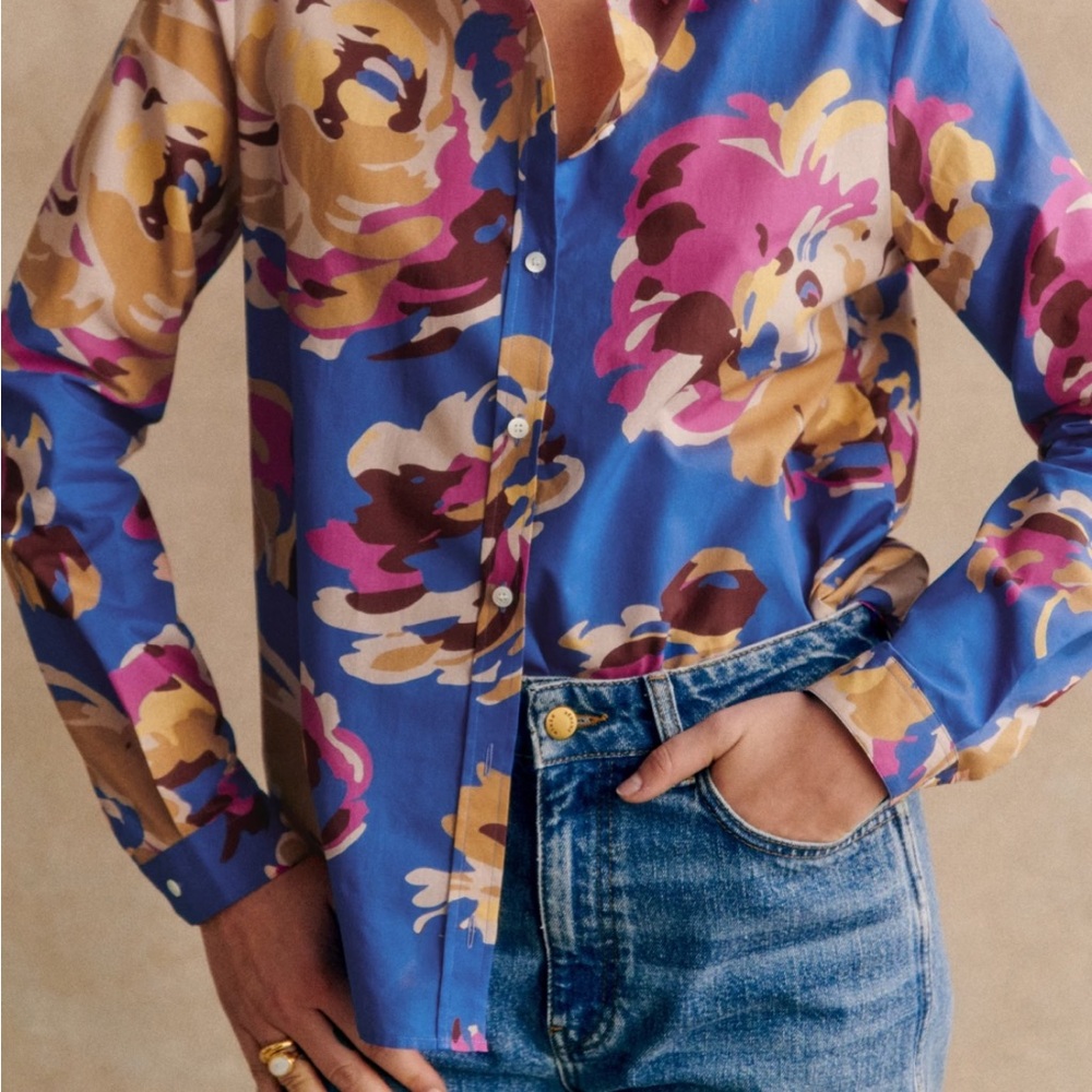 Sezane Floral Pierro Button Down Shirt - Blue and Pink